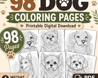 Dog Coloring Pages Printable PDF, Detailed Adult Dog Lover Digital Download