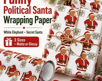 Papier do pakowania prezentów świątecznych: zabawna parodia politycznego Trumpa w stylu białego słonia i tajemniczego Mikołaja