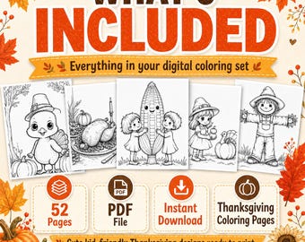 2 Thanksgiving Coloring Pages for Kids, Printable PDF Instant Download