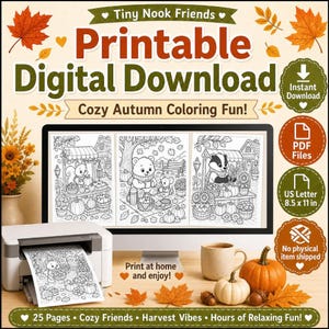Autumn Harvest Coloring Pages for Kids & Adults, Cute Animals Printable PDF Download