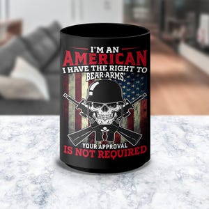 American Flag Skull Mug, Patriotic Crossed Rifles Coffee Cup, Freedom Loving Skull Art Mug, Military Veteran Gift