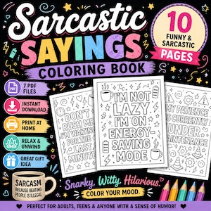 Citations sarcastiques livre de coloriage PDF imprimable, 10 pages à colorier drôles de citations pour adultes, téléchargement immédiat
