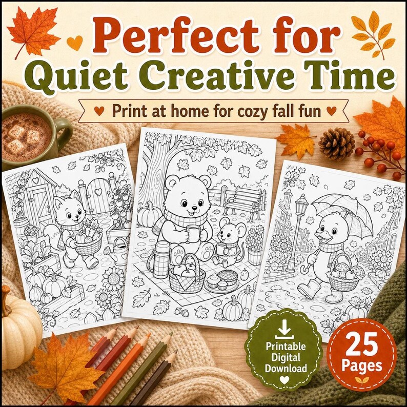 Autumn Harvest Coloring Pages for Kids & Adults, Cute Animals Printable PDF Download