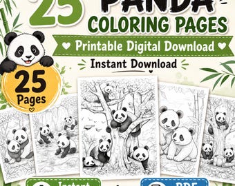 パンダの塗り絵25枚セット（印刷可能なPDFファイル）（デジタルダウンロード）