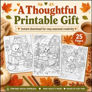 Autumn Harvest Coloring Pages for Kids & Adults, Cute Animals Printable PDF Download