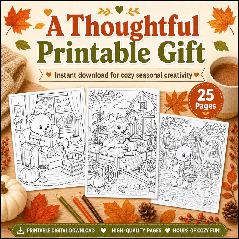 Autumn Harvest Coloring Pages for Kids & Adults, Cute Animals Printable PDF Download