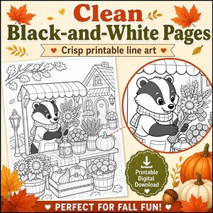 Autumn Harvest Coloring Pages for Kids & Adults, Cute Animals Printable PDF Download