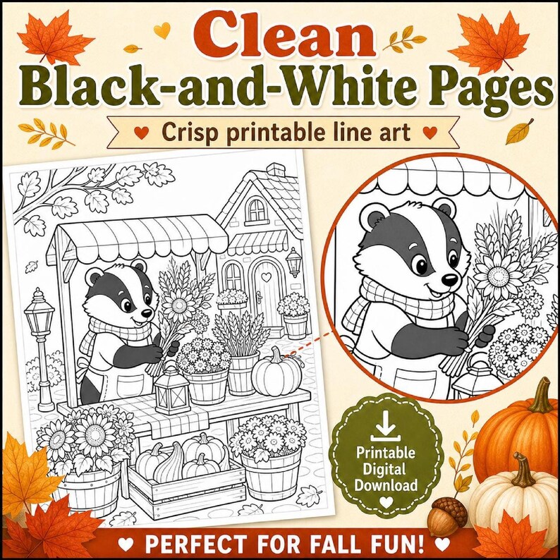 Autumn Harvest Coloring Pages for Kids & Adults, Cute Animals Printable PDF Download