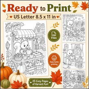 Autumn Harvest Coloring Pages for Kids & Adults, Cute Animals Printable PDF Download