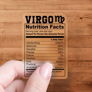 Calcomanía con información nutricional de Virgo, humor sobre el signo del zodíaco, regalo astrológico, regalo divertido para Virgo, calcomanía del zodíaco de Virgo, calcomanía astrológica, Virgo