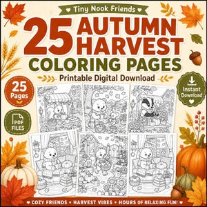 Autumn Harvest Coloring Pages for Kids & Adults, Cute Animals Printable PDF Download