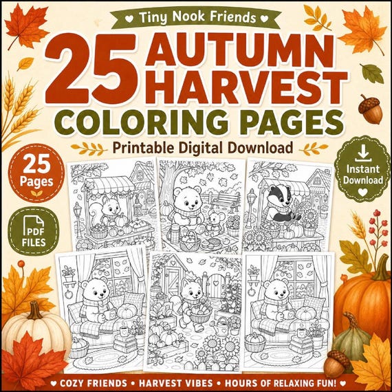 Autumn Harvest Coloring Pages, Woodland Animals, Printable PDF (Digital Download)