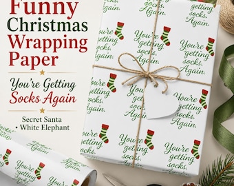 Papier do pakowania prezentów świątecznych, zabawne skarpetki, projekt Secret Santa i wymiana białego słonia