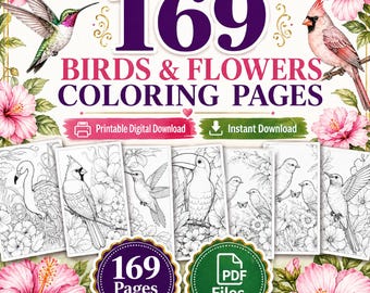 Birds and Floral Coloring Book for Adults | 169 Page Printable (Digital Download)