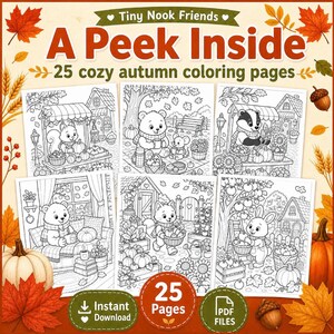 Autumn Harvest Coloring Pages for Kids & Adults, Cute Animals Printable PDF Download
