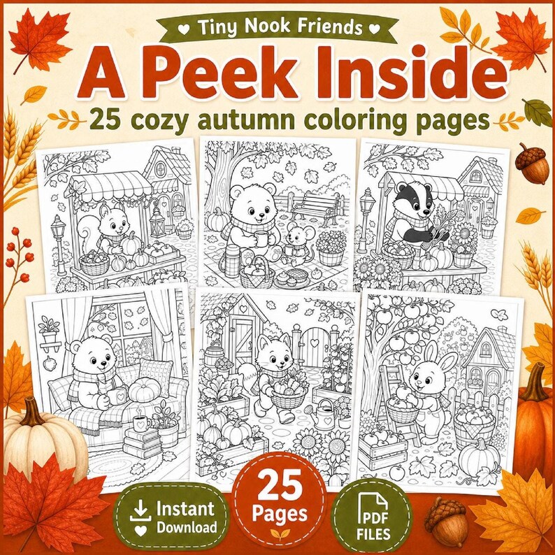 Autumn Harvest Coloring Pages for Kids & Adults, Cute Animals Printable PDF Download
