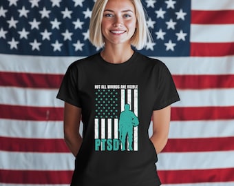 PTSD Awareness Shirt | Teal Ribbon American Flag, Military Support