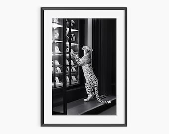 Panther Gazing at Jewelry Store, Photography Prints, Fashion Print, Black and White Wall Art, Panther Print, Museum Grade Photography Poster