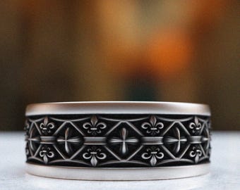 Alternative Wedding Band – Fleur De Lis 925 Silver Ring, Handmade Gothic Medieval Ring, Unique Silver Band Gift for Him or Her