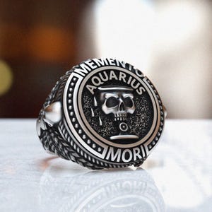 Aquarius Signet Ring: Memento Mori 925 Silver Zodiac Jewelry | Astrology Gift for Aquarius Men, Aquarius Symbol Ring
