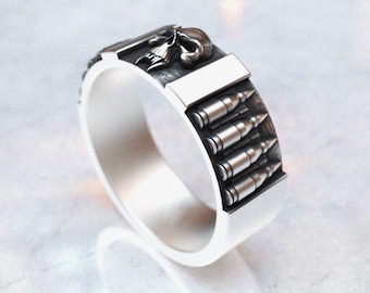 Anillo de calavera de motociclista - Banda de bala de plata de ley 925 - Anillo gótico para hombre, joyería de metal pesado hecha a mano