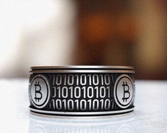 Bitcoin Ring - 925 Sterling Silver Ring with Binary Code and Bitcoin Symbol