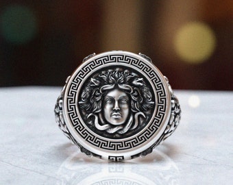 Medusa Signet Ring - 925 Sterling Silver Greek Mythology Gorgon Head Jewelry with Meander Design for Men