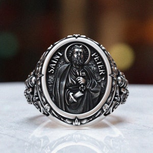Saint Peter Apostle Keys to Heaven Shield Christian Signet Ring, 925 Sterling Silver Religious Jewelry, Catholic Faith Symbol, Unisex Ring