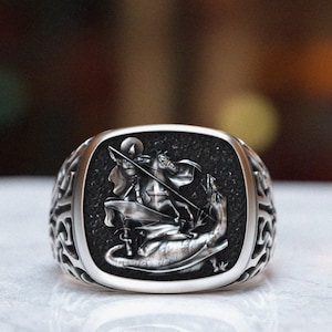 Mythological Warrior Silver Ring – 925 Sterling Silver Knight Design with Intricate Detailing