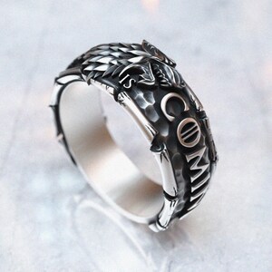 May include: A silver ring with a wolf head design and the words "Winter is Coming" engraved on the band.