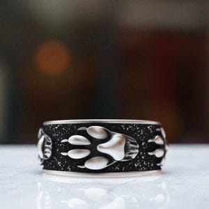 Paw Print Silver Band Ring, 925 Sterling Animal Lover Ring, Handmade Pet Memorial Jewelry for Men
