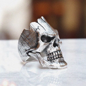 Wood Skull Ring - Handcrafted 925 Sterling Silver Biker Ring for Men & Gothic Jewelry Lovers