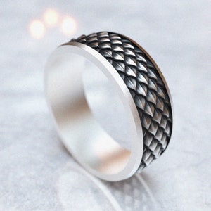 Dragon Scale Oxidized Silver Wedding Band Ring Men, Unique Animal Dragon Ring to Dad, Engraved Promise Ring For Husband, Gift For Boyfriend