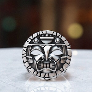 Aztec Maya Mask Ring - Unique 925 Sterling Silver Totem Jewelry, Statement Mesoamerican Design for History Enthusiasts