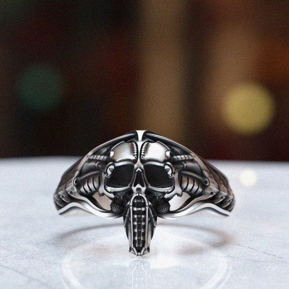 Pilot Skull Biomechanical Ring - 925 Sterling Silver, Aviator Tech 