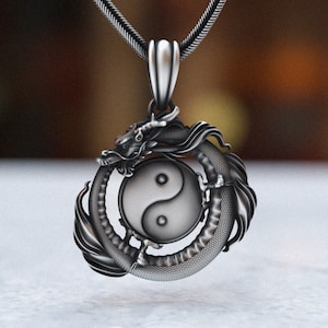 925 Sterling Silver Dragon & Yin Yang Necklace - Harmony Pendant, Celestial Jewelry Gift