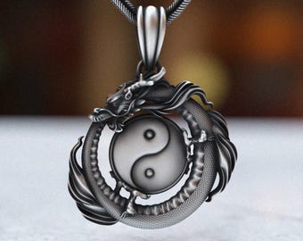 925スターリングシルバーの陰陽龍ネックレス、東洋のバランスシンボル