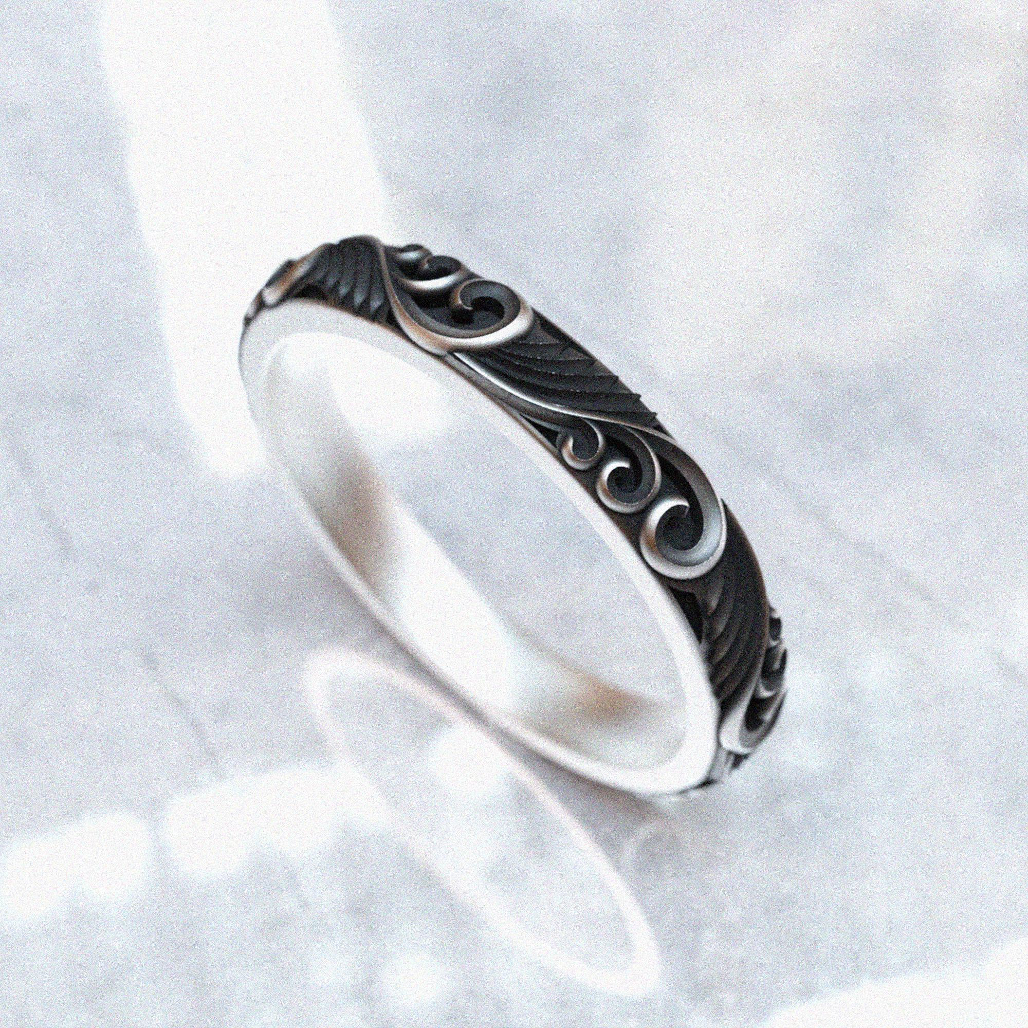 Carved Leaf Motif Promise Ring for Him, Oxidized Rococo Ornament