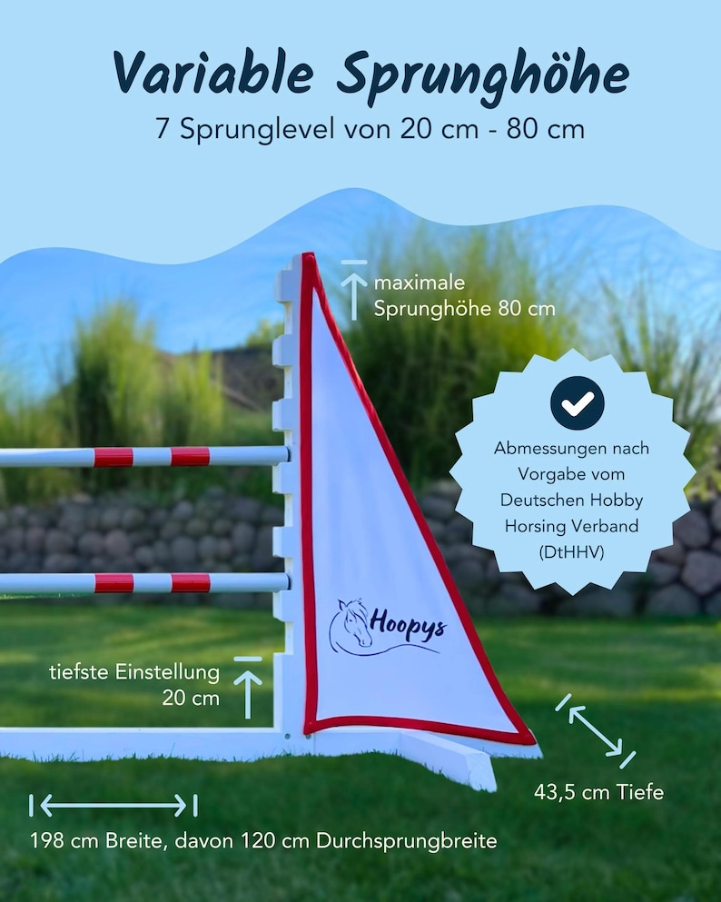 May include: White adjustable horse jump with red and white striped rails. The jump is 80 cm high and 198 cm wide, with a 120 cm wide jump area. The jump is labeled "Hoopys" and has a white and red flag with a horse silhouette. The jump is designed to be adjustable from 20 cm to 80 cm high.