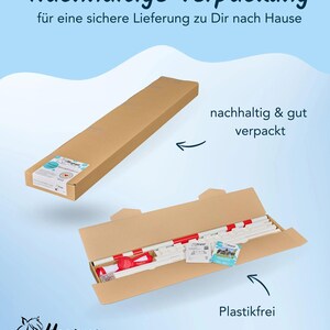 May include: A brown cardboard box with the text "Nachhaltige Verpackung" and "f&uuml;r eine sichere Lieferung zu Dir nach Hause" on the top. The box is open and shows the contents, which include a white and red pole, a white and red flag, and a white and red rope. The text "nachhaltig & gut verpackt" is on the right side of the image. The text "Plastikfrei" is on the right side of the image. The text "Hoopys" is on the bottom left of the image.