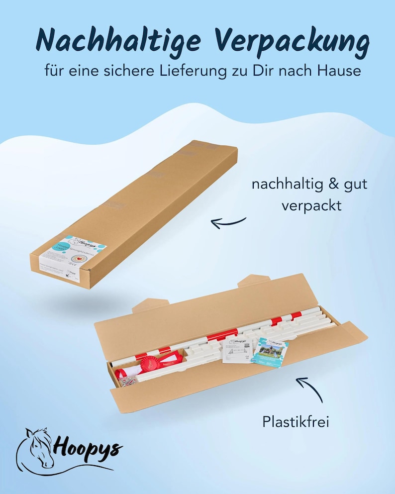 May include: A brown cardboard box with the text "Nachhaltige Verpackung" and "f&uuml;r eine sichere Lieferung zu Dir nach Hause" on the top. The box is open and shows the contents, which include a white and red pole, a white and red flag, and a white and red rope. The text "nachhaltig & gut verpackt" is on the right side of the image. The text "Plastikfrei" is on the right side of the image. The text "Hoopys" is on the bottom left of the image.