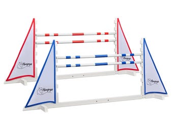 May include: White horse jumping obstacle with red and blue flags. The flags have the word "Hoopy's" printed on them.