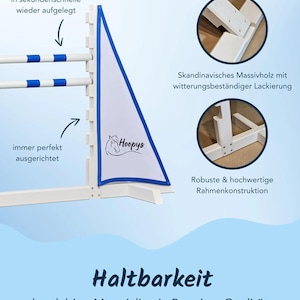 May include: A white wooden horse jump with blue and white poles and a blue and white flag with the word "Hoopys" on it. The jump is made of sturdy Scandinavian wood with weather-resistant paint. The jump is easy to assemble and disassemble.