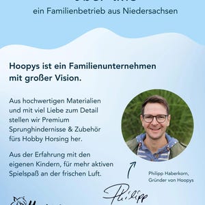 May include: A man smiles in a photo with the text "Hoopys is a family business with a big vision." The text also says "From high-quality materials and with a lot of love for detail, we offer premium jumping obstacles and accessories for hobby horsing." The text also says "From experience with our own children, for more active fun in the fresh air."