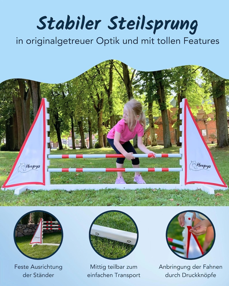 May include: White and red jump hurdle with a white flag on each side. The flags have a red border and a white horse logo with the word "Hoopys" printed on them. The hurdle is adjustable and can be disassembled for easy transport. The image shows a young girl jumping over the hurdle.