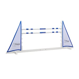 May include: White wooden show jumping obstacle with two blue and white striped rails and white triangular wings with blue trim and the logo "Hoopy's" printed on each wing.