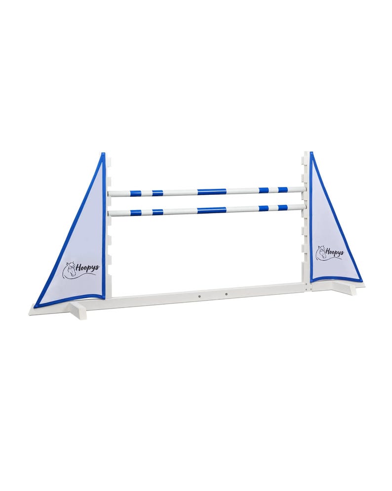 May include: White wooden show jumping obstacle with two blue and white striped rails and white triangular wings with blue trim and the logo "Hoopy's" printed on each wing.