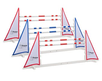 May include: White horse jumping obstacle with red and blue flags. The flags have the word "Hoopyss" printed on them. The obstacle has three white poles with red and blue stripes.