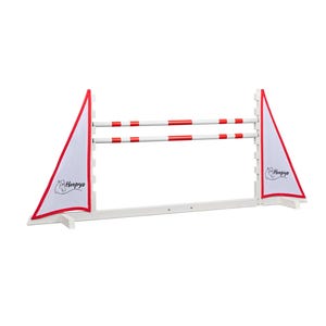 May include: White jump hurdle with red and white striped rails and white flags with red trim and the logo "Hoopy's" printed on them.