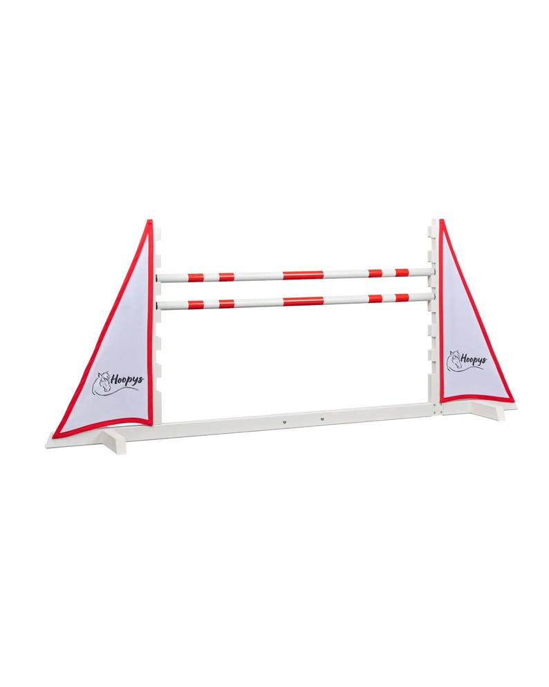 May include: White jump hurdle with red and white striped rails and white flags with red trim and the logo "Hoopy's" printed on them.